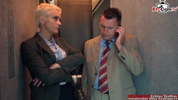 Married businessman fucks his busty colleague in all holes in the lift