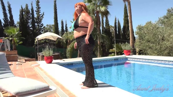 Aunt Judy's Big Tit MILFs - Busty Mature Redhead Melanie gets off by the Pool Porn Photo with  naked