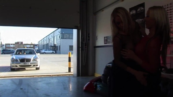 Two hunks get to bang three sexy honeys in a garage Porn Photo with Chloe Delaure naked