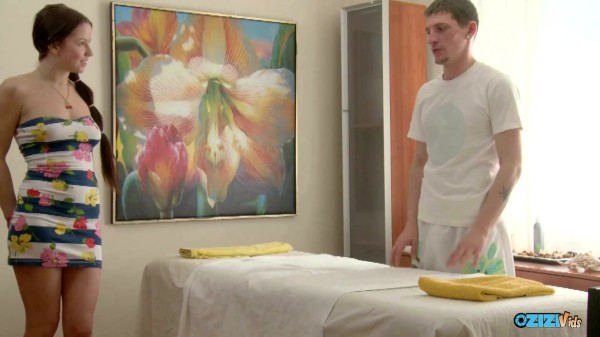 Stunning Brunette Teen Rubs Her Clit While Fucking on the Massage Table