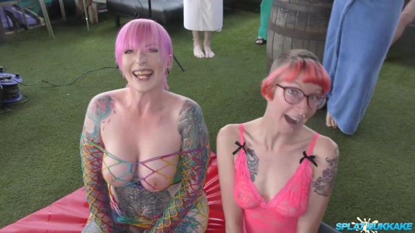 Lusty sluts Rosa Rosebud and Piggymouth go cock mad in an outrageous bukkake Porn Photo with  naked